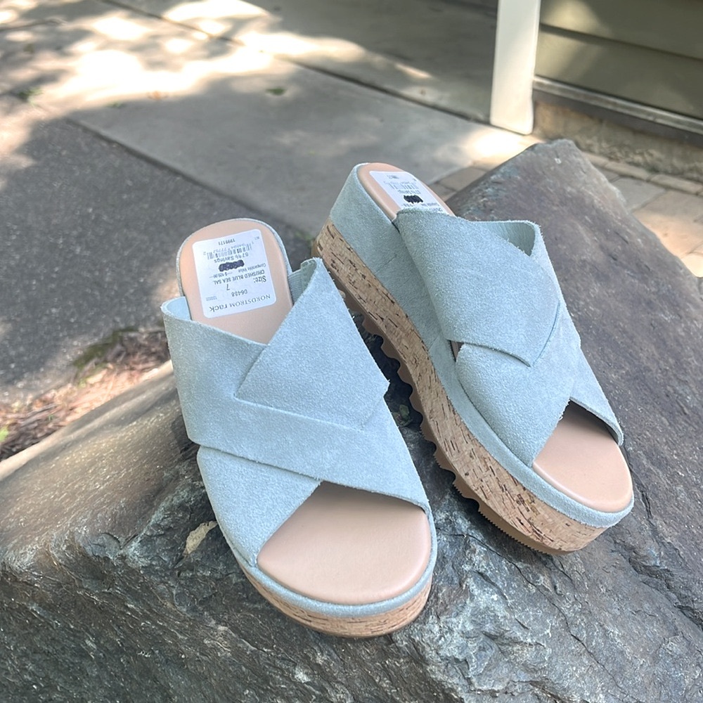 NWOB Sorel Cameron Women's wedge platform suede Sandals mules Light Blue sz 7